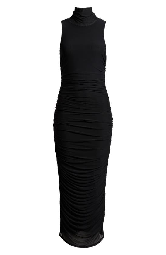 Shop Afrm Fiorella Ruched Scrunch Neck Sleeveless Midi Dress In Noir