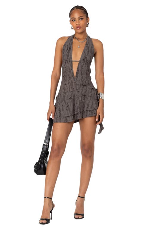 Shop Edikted Shredded Halter Stretch Minidress In Brown