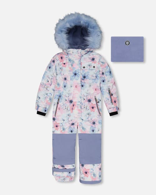 Deux Par Deux Kids'  Girl's One Piece Snowsuit Printed Watercolor Blue Flowers In Printed Watercolor Flowers