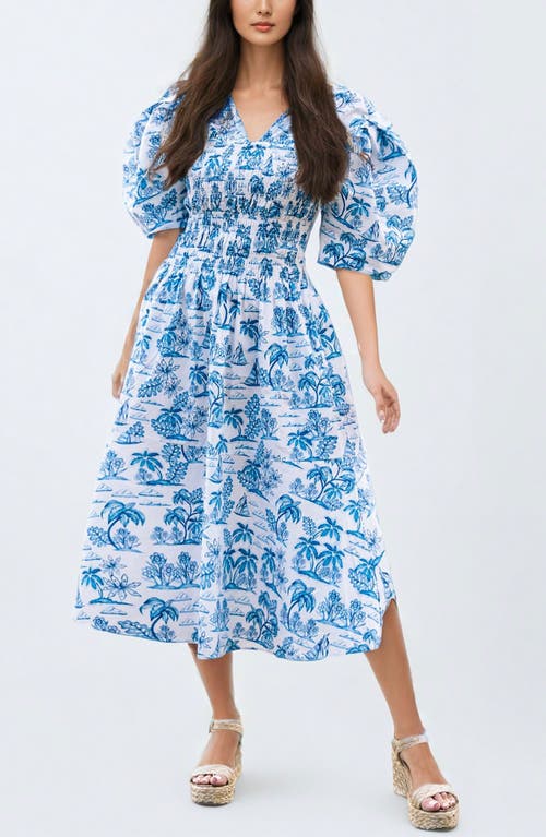 Shop Jessie Zhao New York Leandra Blue Smocked V-neck Midi Dress