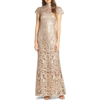 Tadashi Shoji Embellished Mesh Evening Dress, Beige