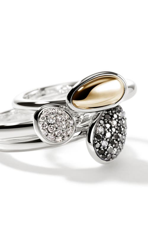 John Hardy Pebble Stacking Rings, Sterling Silver, Gold, Black Sand Diamond Pavé In Silver