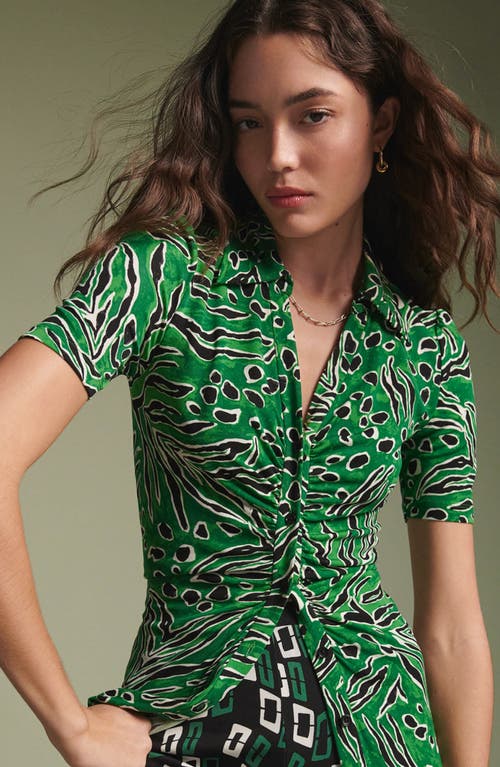 Shop Diane Von Furstenberg Zoey Short Sleeve Ruched Shirtdress In Water Tiger Green