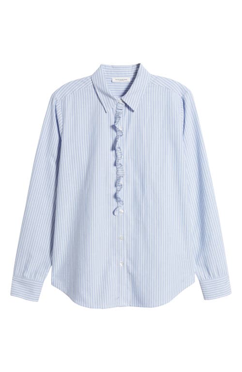 Shop Beachlunchlounge Emersyn Stripe Ruffle Trim Cotton Button-up Shirt In Russian Blue