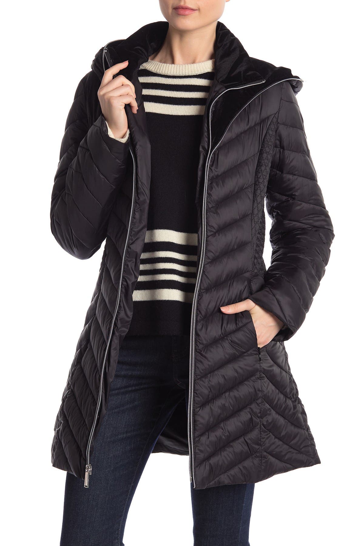 velvet hooded puffer jacket