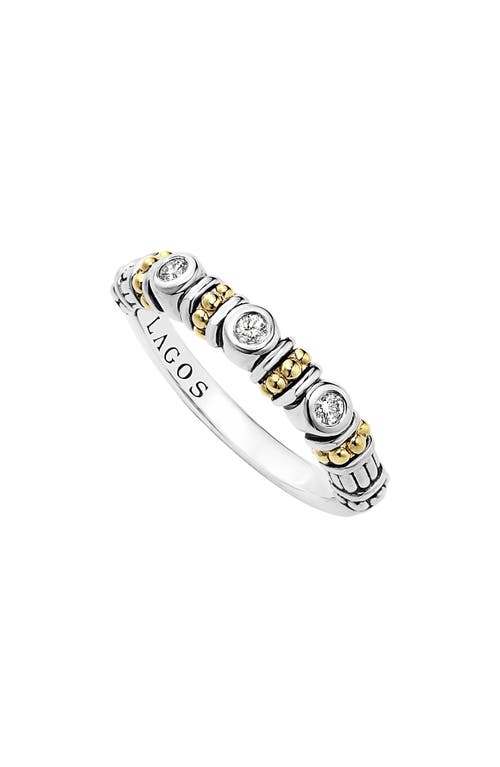 Lagos Sterling Silver Three Diamond Stacking Ring With 18k Gold Stations In Silver/gold