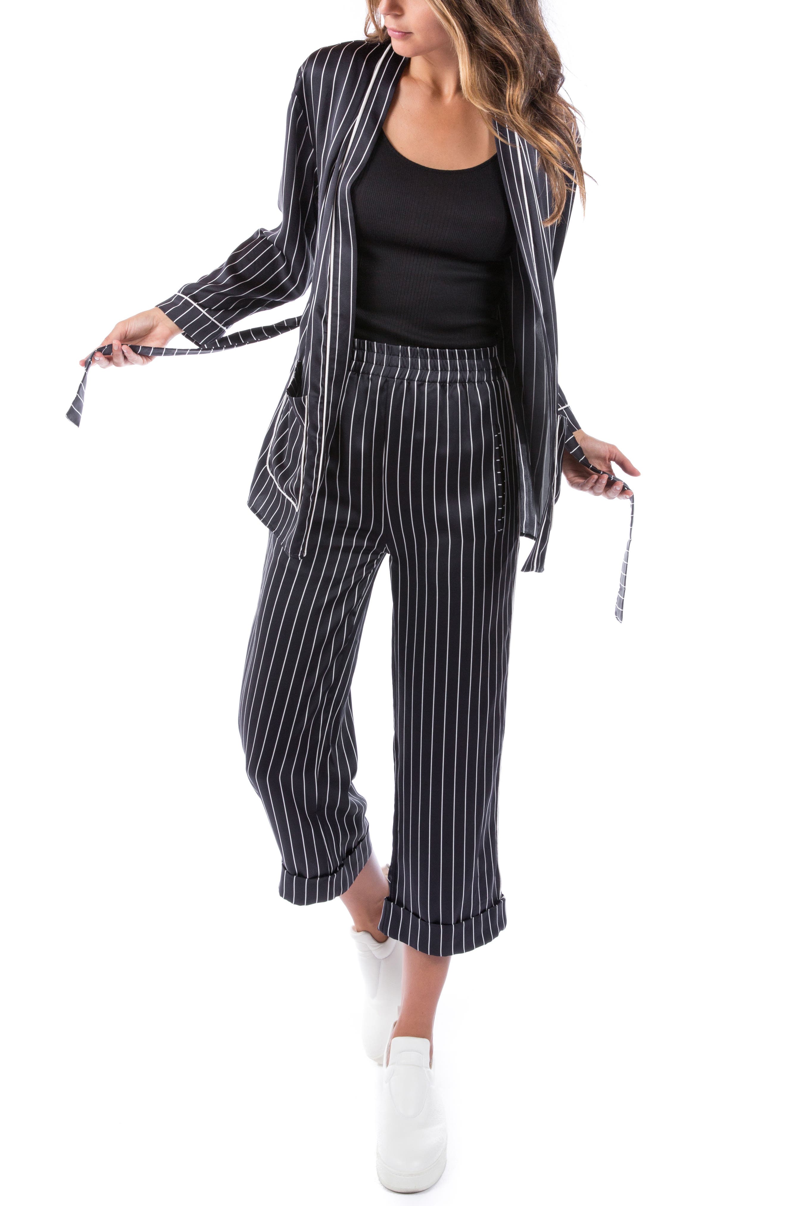Ragdoll Pinstripe Silk Pajama Top, Black