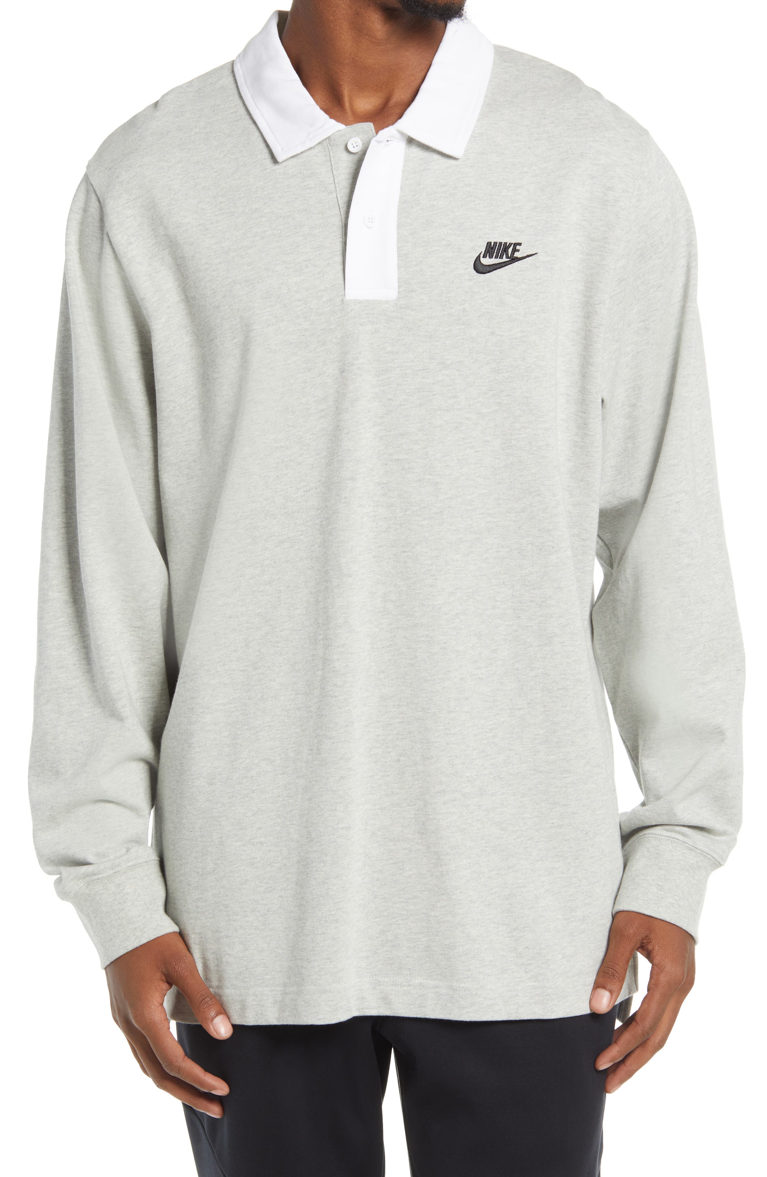 NIKE Sportswear Trend Embroidered Long Sleeve Polo in Grey Heather/white/Black