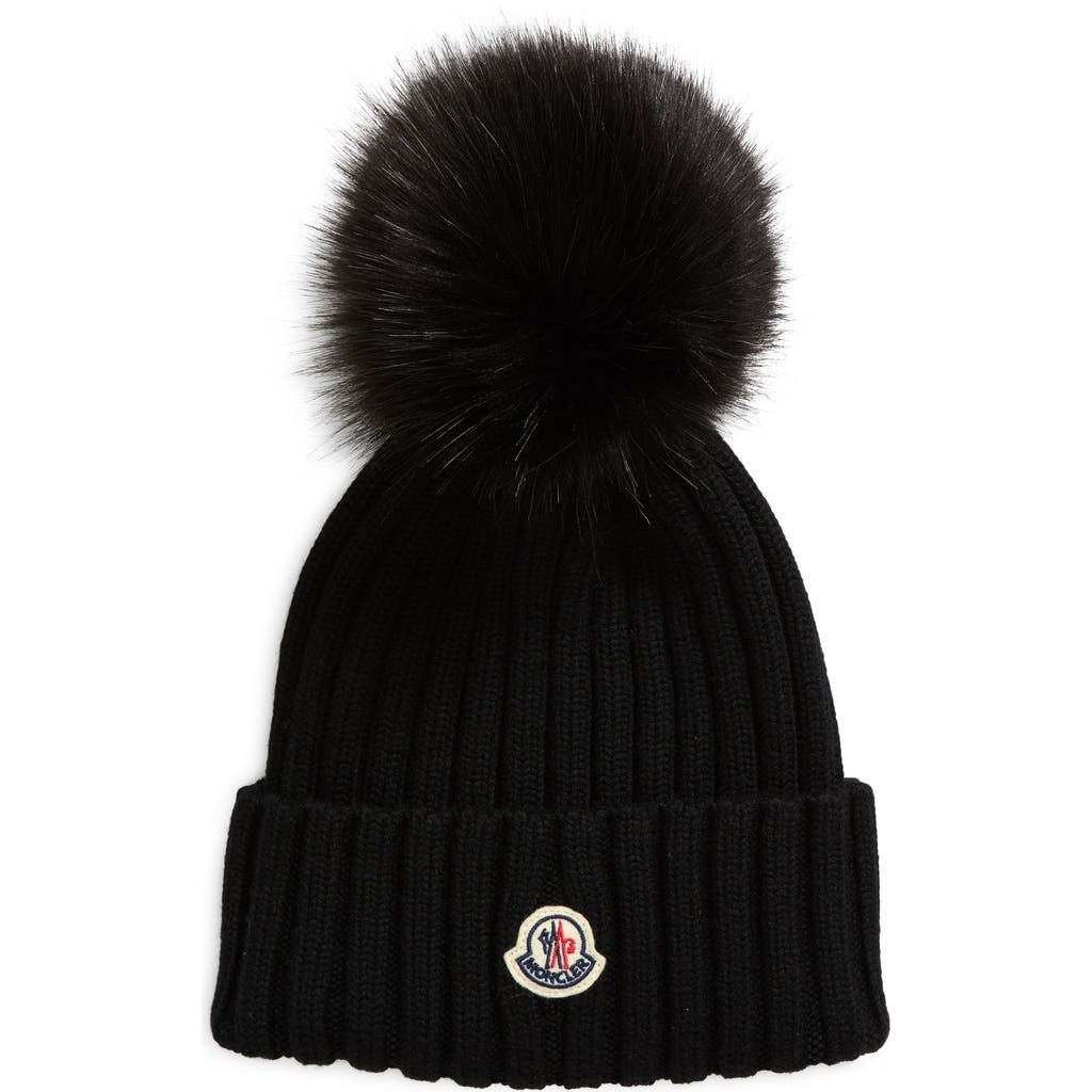 Moncler Ribbed Knit Wool Beanie With Faux Fur Pom-pom In Black