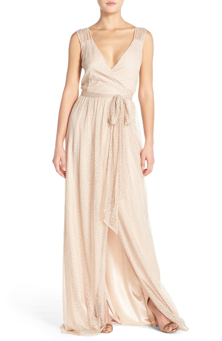 Joanna August Newbury Gathered Sleeve Lace Wrap Gown | Nordstrom