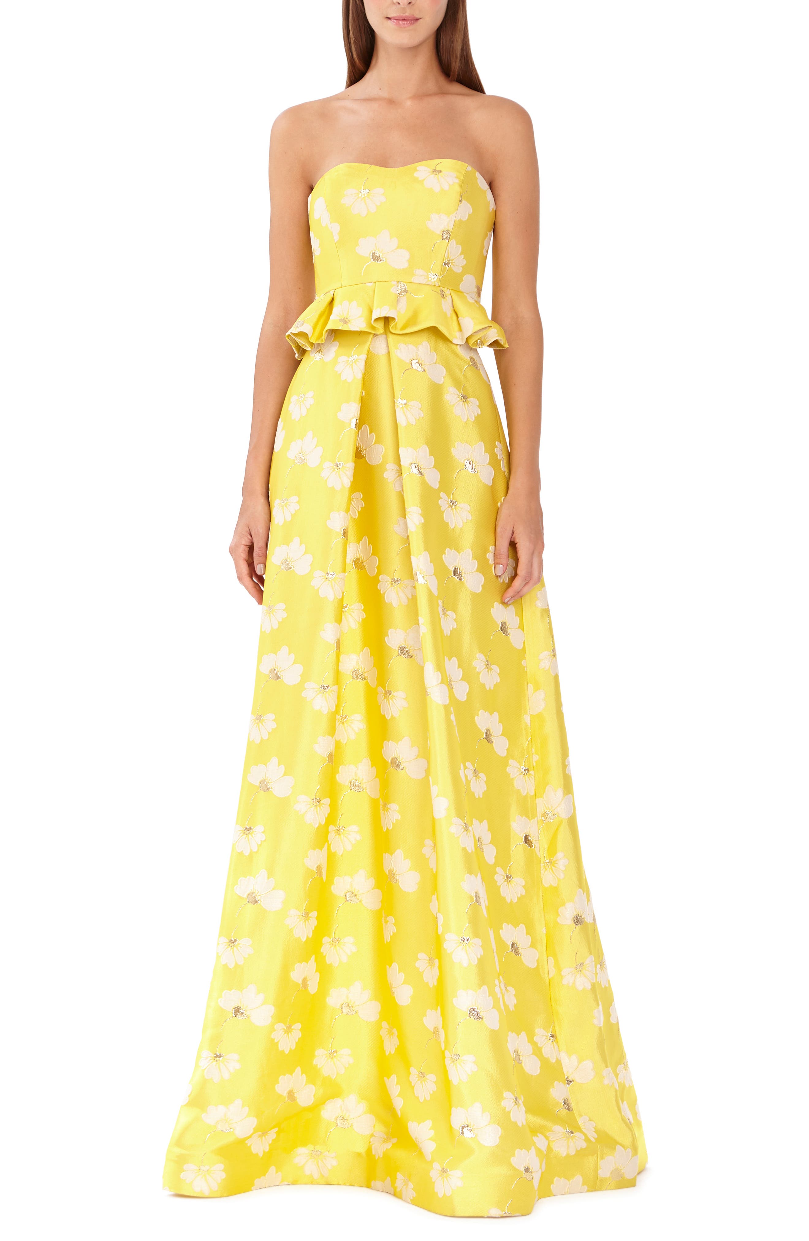 Ml Monique Lhuillier Strapless Floral Jacquard Gown, Yellow