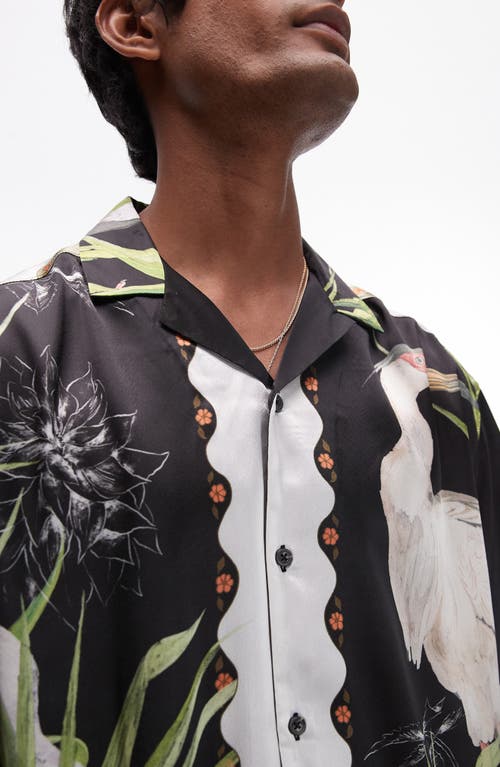 TOPMAN TOPMAN CRANE PRINT SATIN CAMP SHIRT 