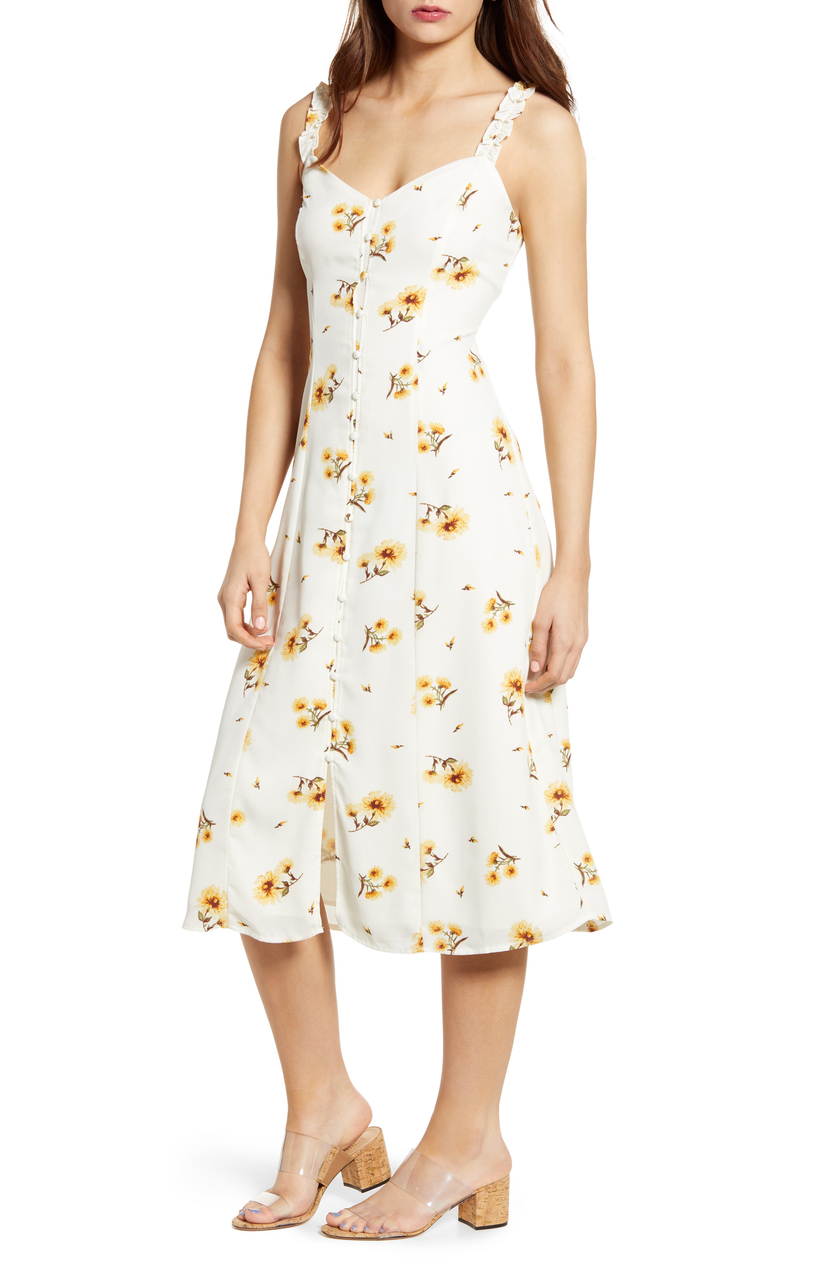 Row A Button-Up Midi Sundress, Ivory