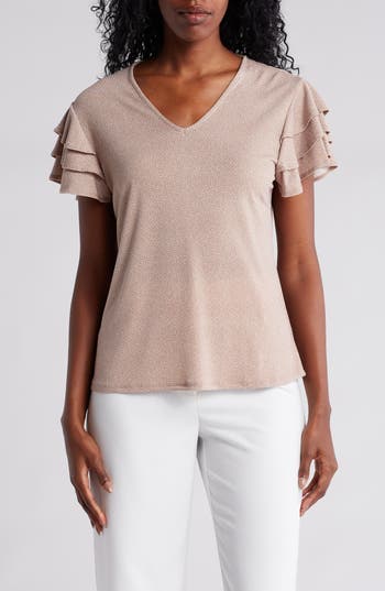 Shop Adrianna Papell Flutter Sleeve Top In Cocoa/ivory Micro Dot