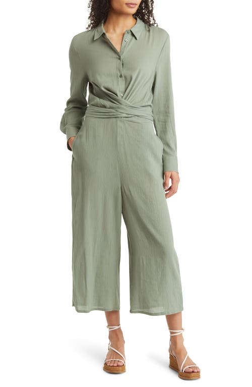 caslon(r) Wrap Front Long Sleeve Cotton Blend Jumpsuit in Green Dune