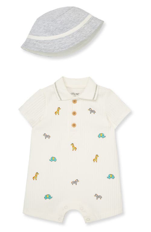 Little Me Safari Cotton Blend Romper & Hat Set in Ivory at Nordstrom, Size 9M