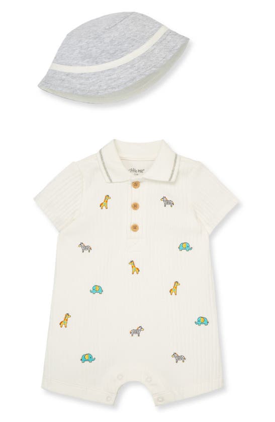 Shop Little Me Safari Cotton Blend Romper & Hat Set In Ivory