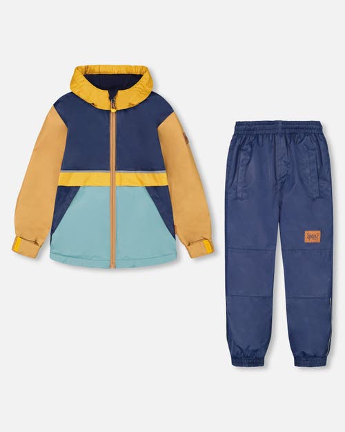 Deux Par Deux Little Boy's Two Piece Hooded Coat And Pant Mid-Season Set Colorblock Navy, Blue And Yellow at Nordstrom, Size 2T