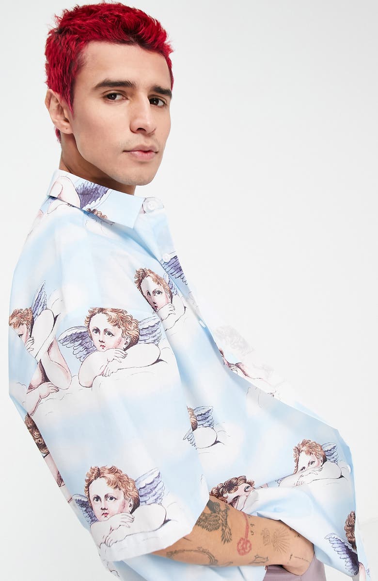 ASOS DESIGN Cherub Print Oversize Short Sleeve Button-Up Shirt, Alternate, color,