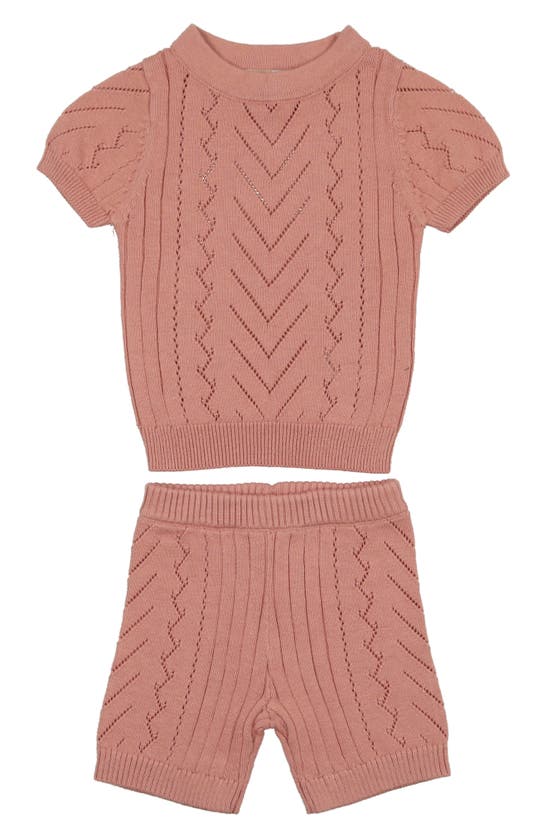 Maniere Manière Short Sleeve Pointelle Sweater & Shorts Set In Salmon