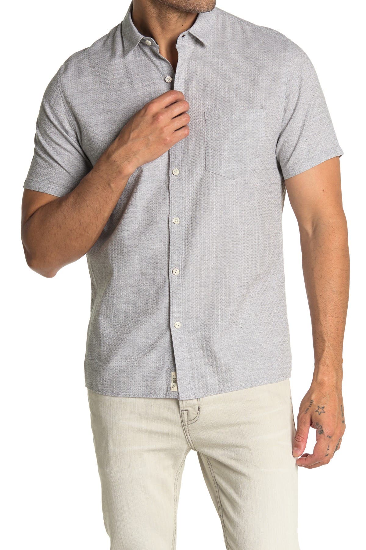 gray button up shirt