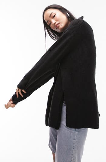 Topshop Zip Up Funnel Neck Sweater In Black