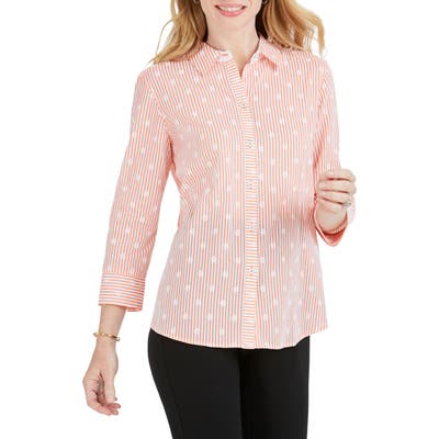 Foxcroft Ava Dot Over Stripe Print Shirt, Coral