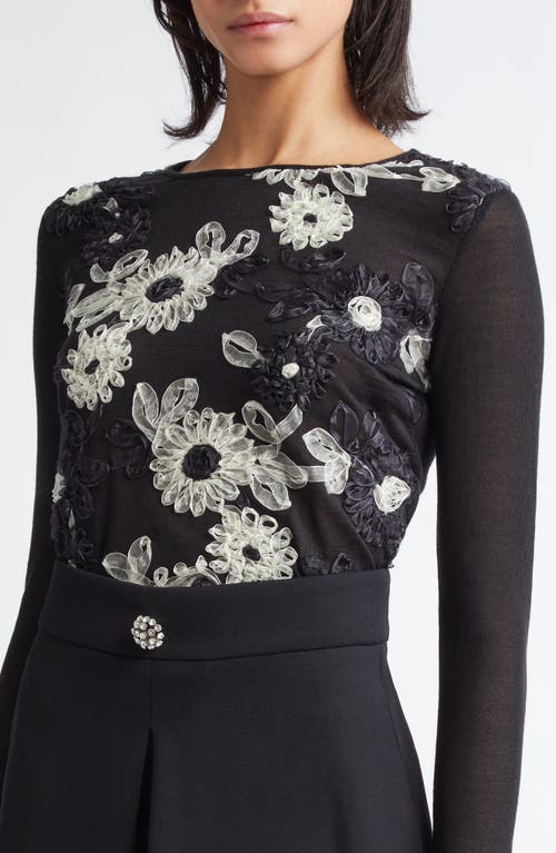 Shop Giambattista Valli Floral Ribbon Embroidered Cashmere & Silk Sweater In Black/ivory