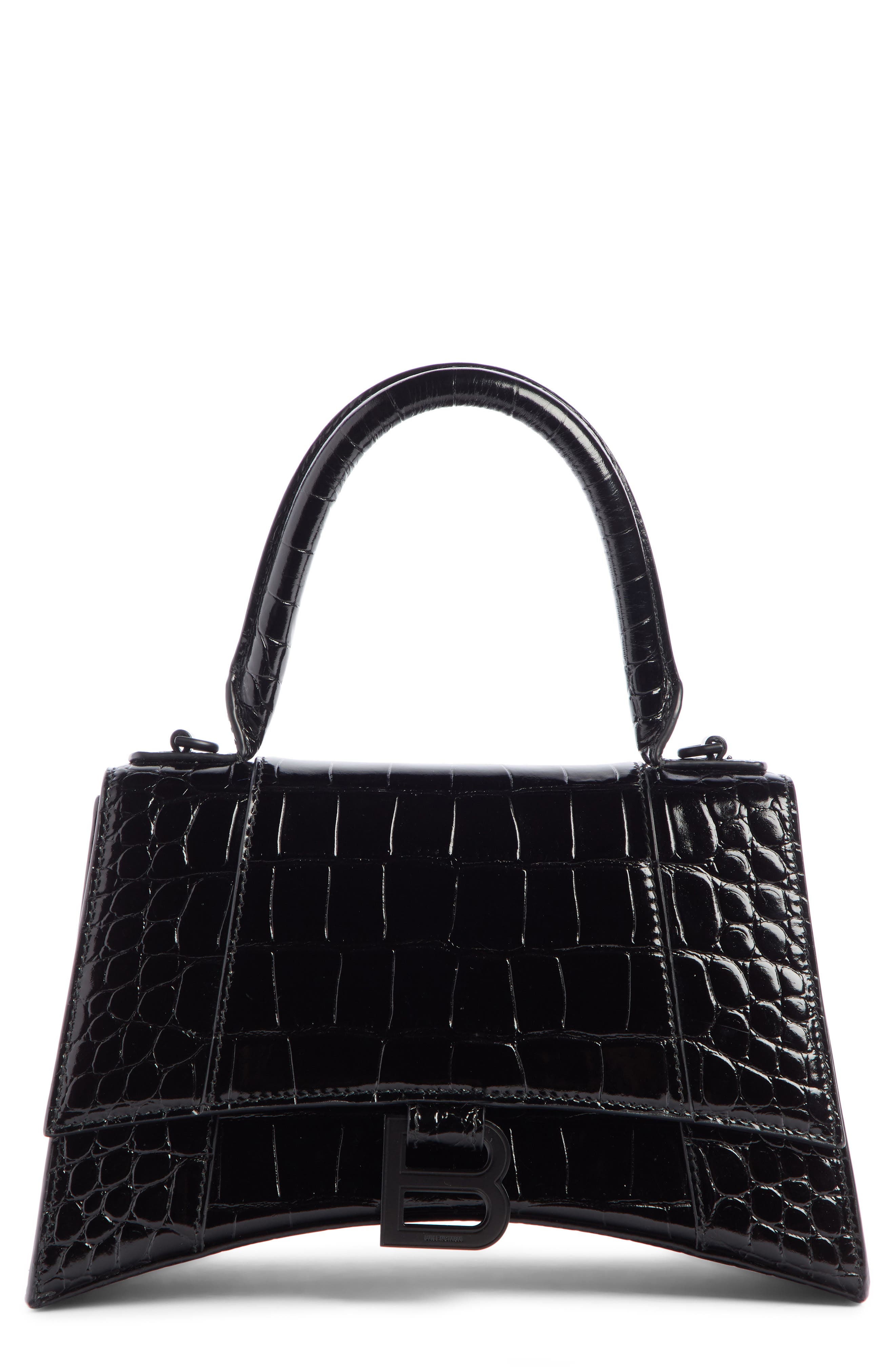Balenciaga Extra Small Hourglass Croc Embossed Leather Top Handle Bag in Black at Nordstrom