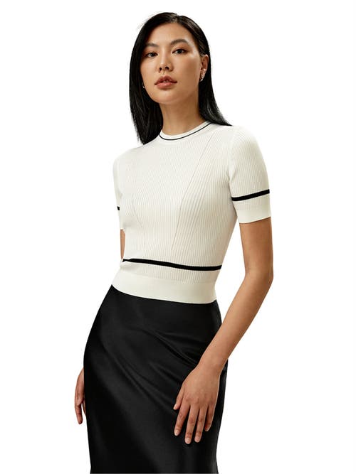 Shop Lilysilk Ribbed Knit Silk Crop Top In White With Black Stripes