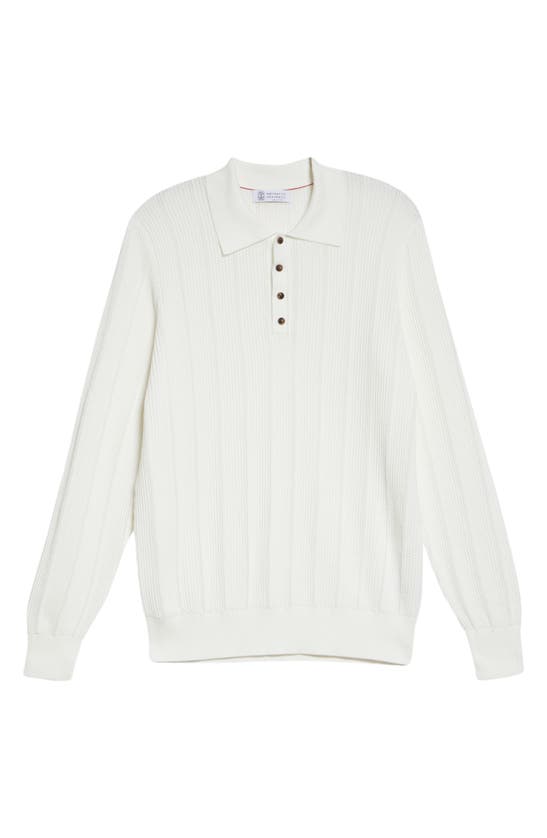Shop Brunello Cucinelli Ribbed Long Sleeve Cotton Sweater Polo In C2723 Panama