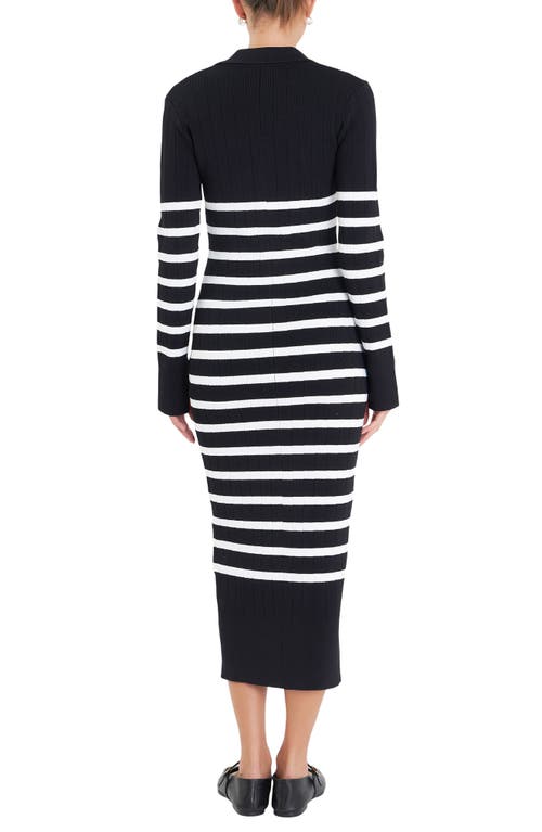 Shop English Factory Stripe Long Sleeve Midi Sweater Dress In Black/off White