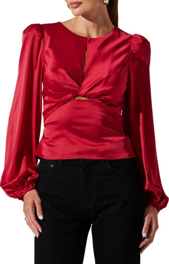 ASTR the Label Twist Front Keyhole Balloon Sleeve Satin Top | Nordstrom