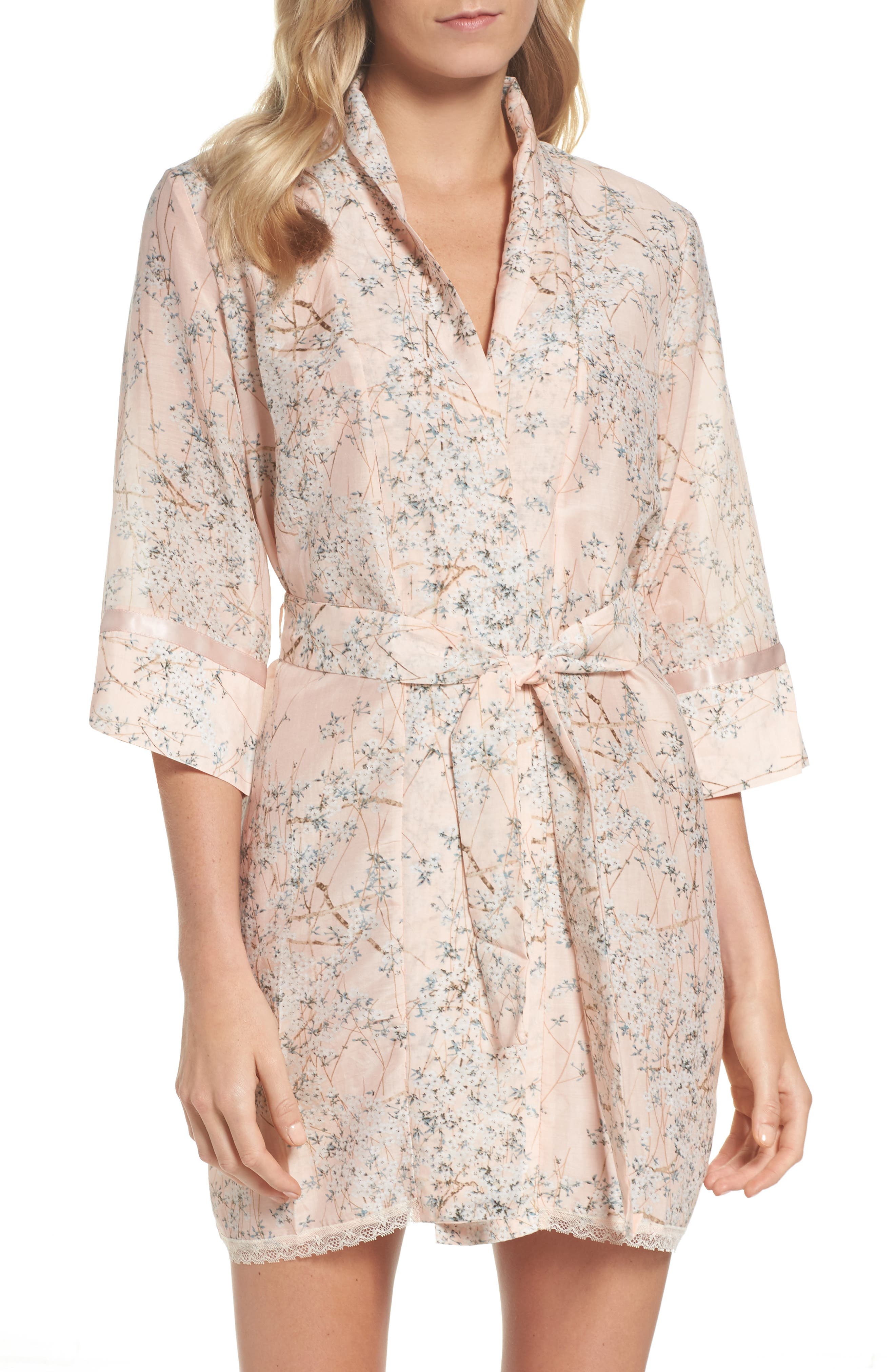 Papinelle Cherry Blossom Cotton & Silk Short Robe Nordstrom