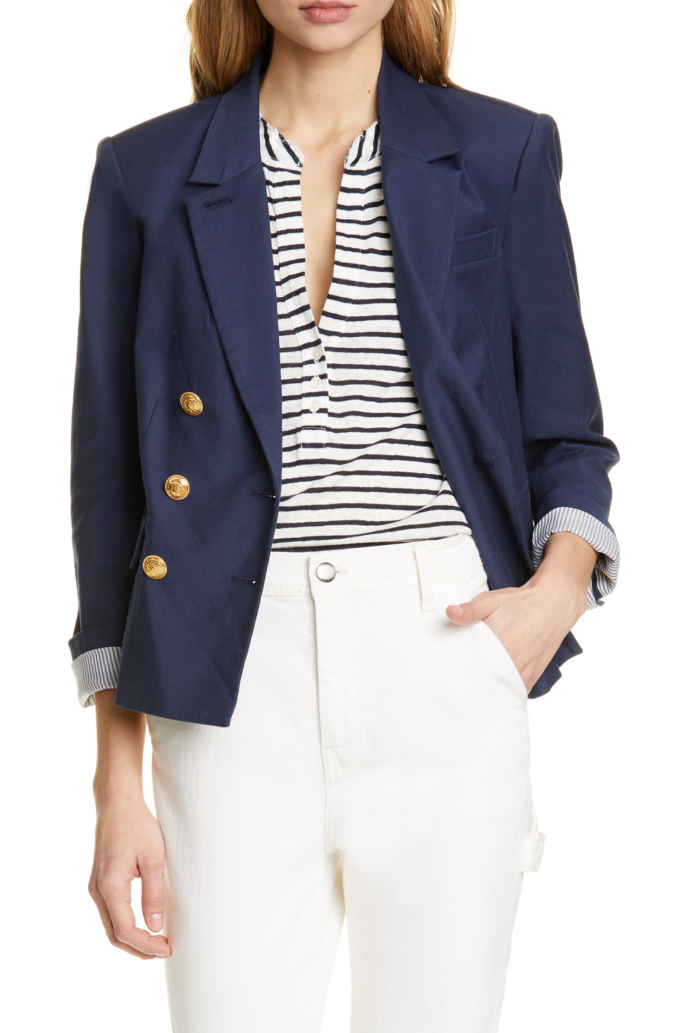 FRAME Shrunken Double Breasted Linen Blend Blazer Nordstrom