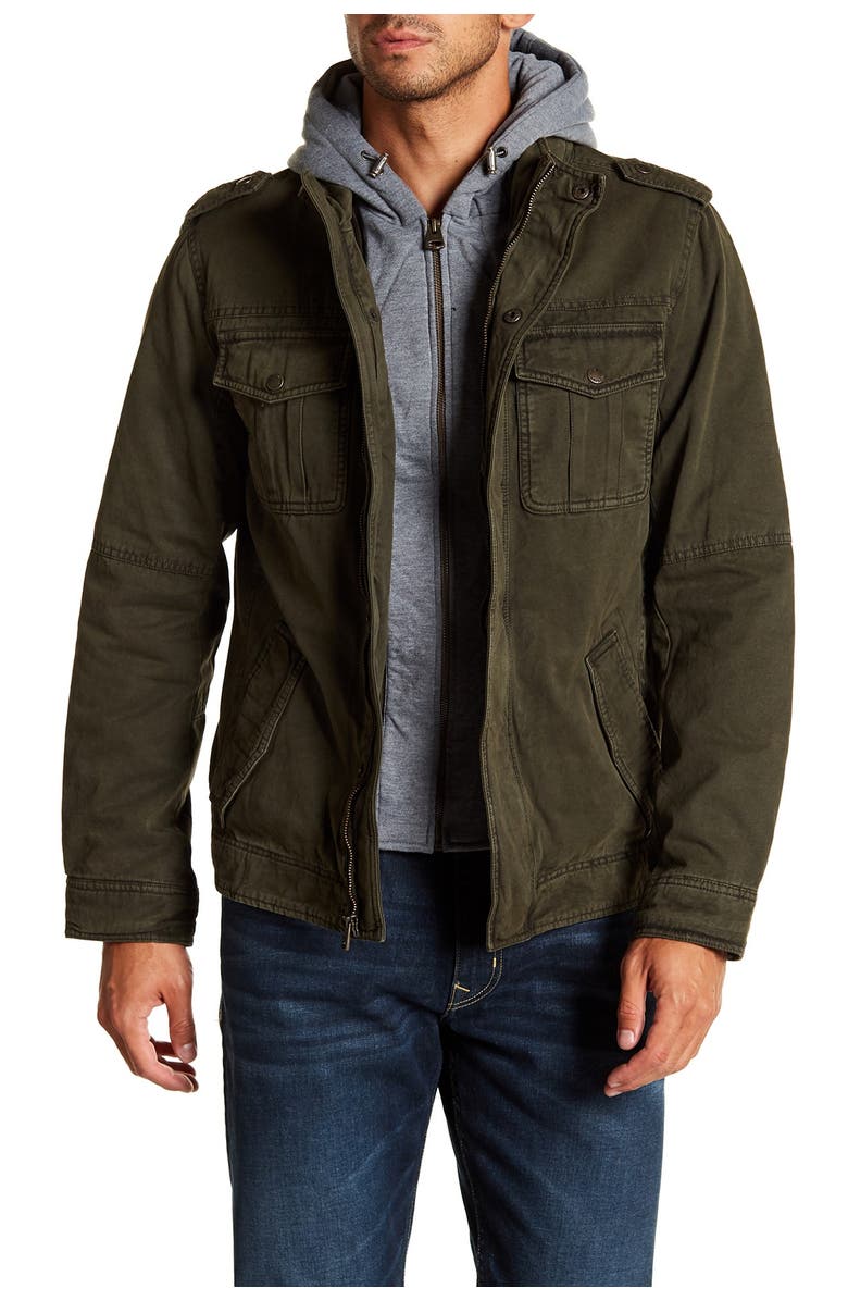 Levis Washed Cotton Faux Shearling Lined Hooded Military Jacket