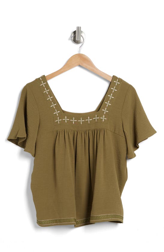 Bobeau Embroidered Airflow Top In Olive