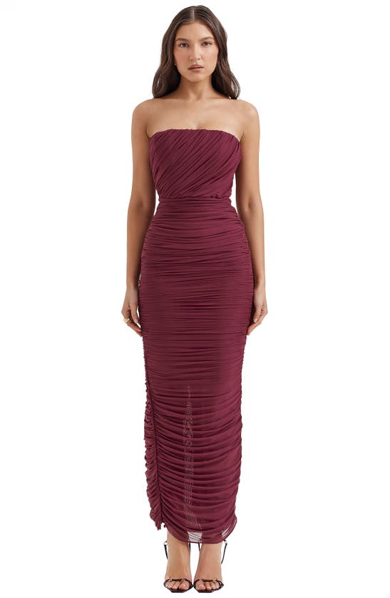 Shop House Of Cb Gradient Color Strapless Ruched Mesh Gown In Windsor Wine