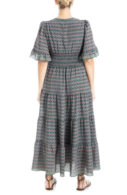Max Studio Ruffle Sleeve Tiered Maxi Dress In Deep Forest Kaleidoscope