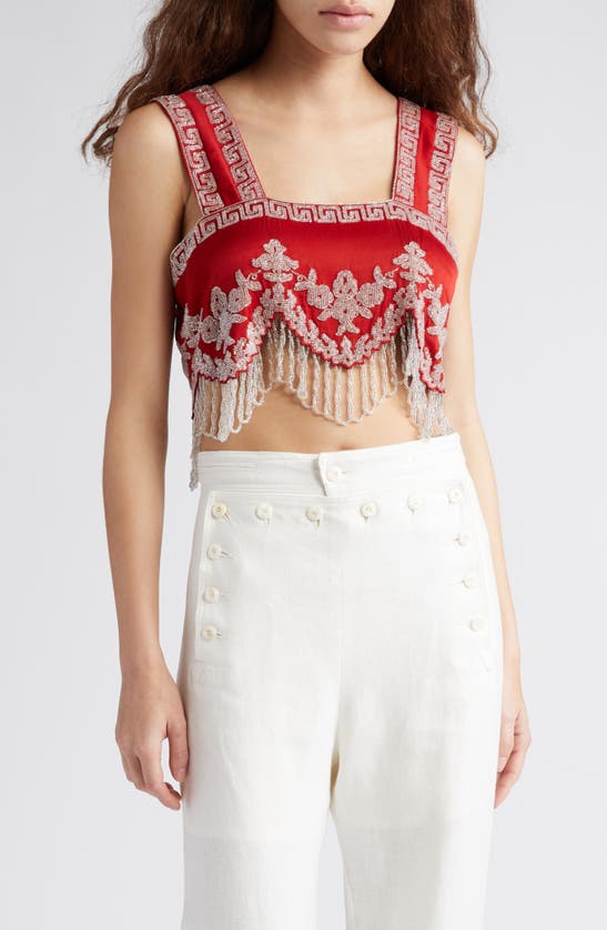 Shop Bode Amrita Beaded Fringe Crop Top In Red