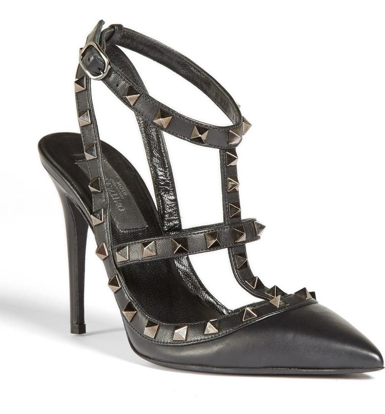 VALENTINO GARAVANI Noir Rockstud T-Strap Pointed Toe Pump, Main, color, 001