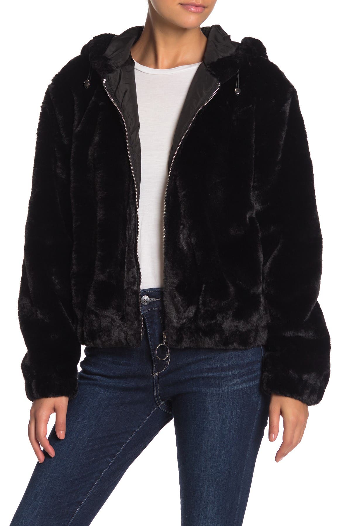 faux fur zip up hoodie black