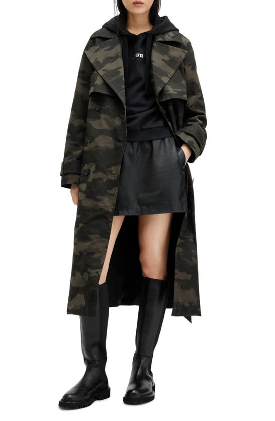 Shop Allsaints Mixie Tie Waist Double Breasted Camo Trench Coat In Camo Brown