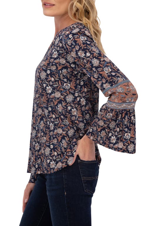 Lucky Brand Notch Neck Bell Sleeve Top In Navy Multi