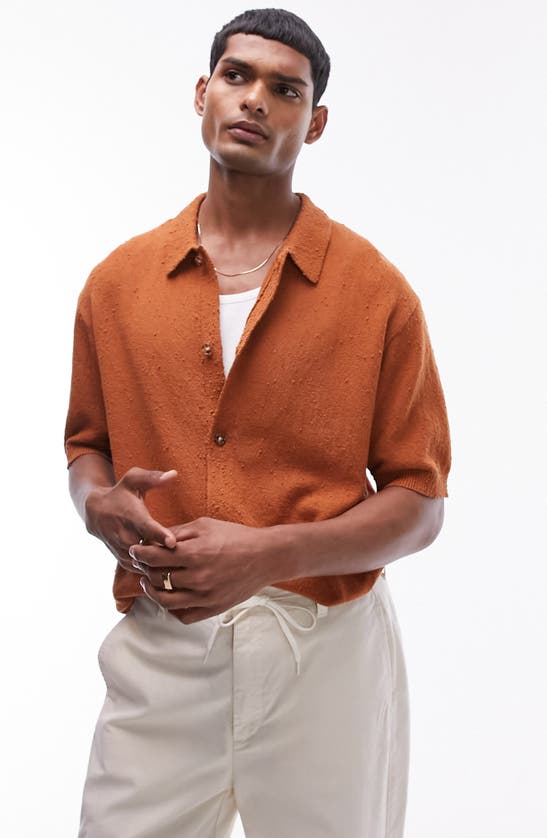 Shop Topman Textured Button-up Cardigan Shirt In Brown