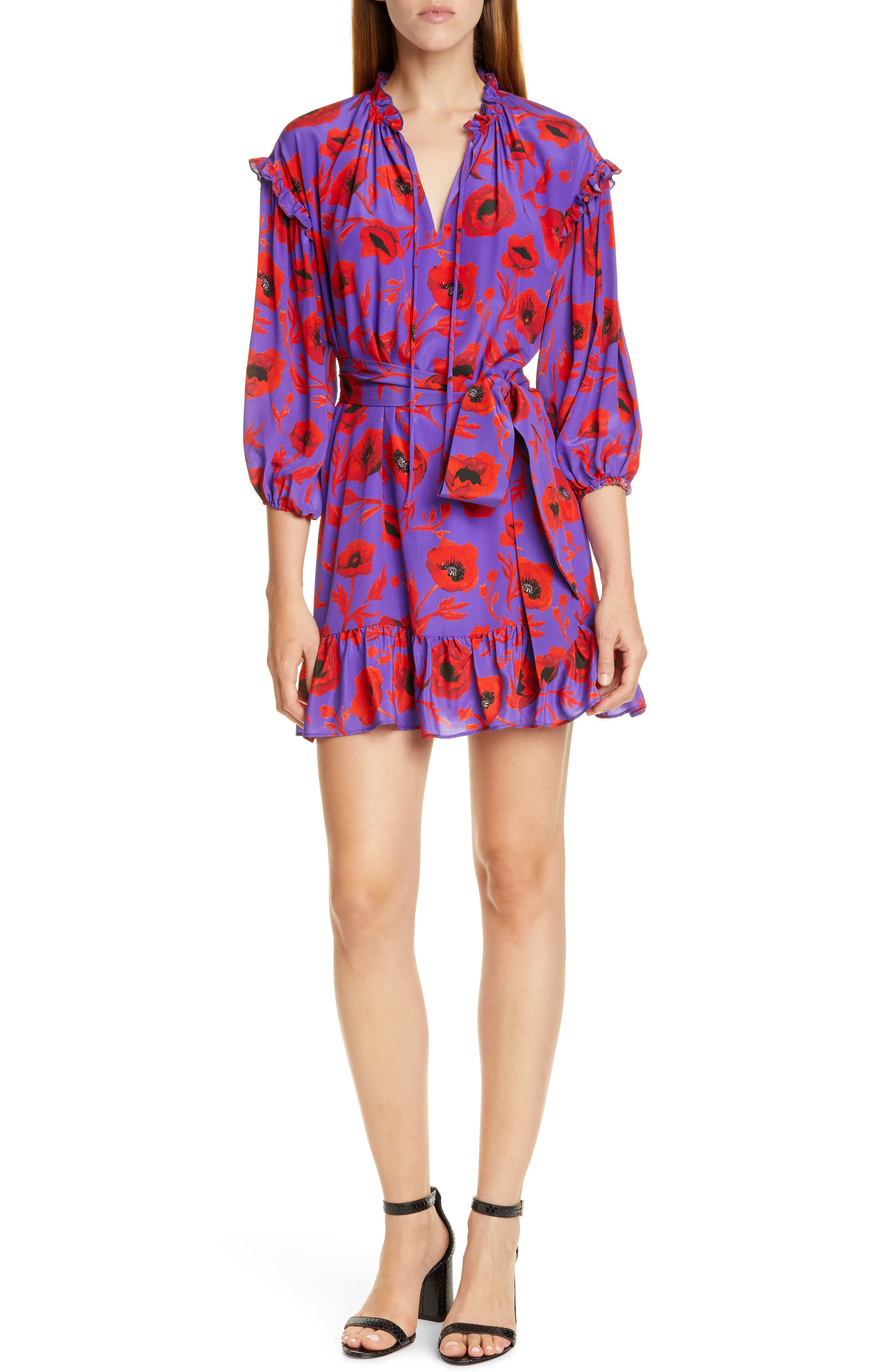 Alice + Olivia Ellamae Floral Ruffle Minidress, Purple