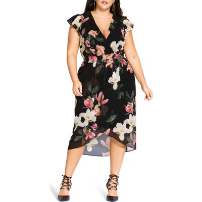 Plus Size City Chic Floral Faux Wrap Dress, Black