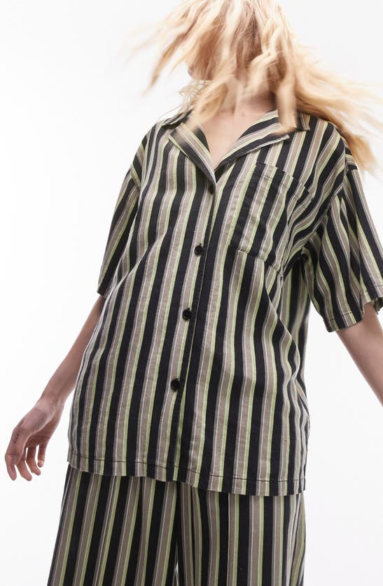 Topshop Oversize Stripe Linen Blend Camp Shirt In Black Multi