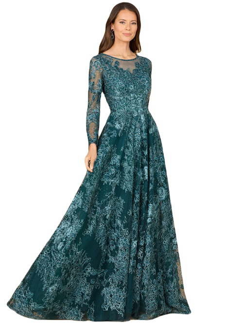 Shop Lara New York Long Sleeve, Illusion Neck Gown In Green