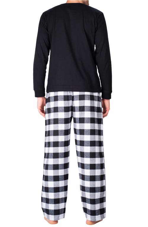 Sleephero Long Sleeve Pajama T-shirt & Buffalo Check Fleece Pajama Pants Set In Black With White Buffalo Check